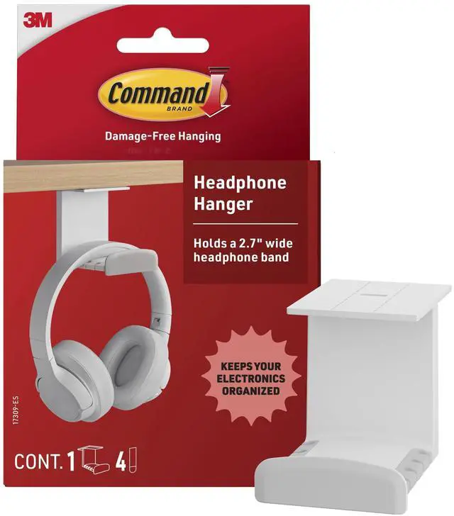 Main image of Headphone Hanger, 1 Holder and 4 Strips, Holds a 2.7" Wide Band, White, Great for Damage-Free Electronics Organization for Wired or Wireless Headphones