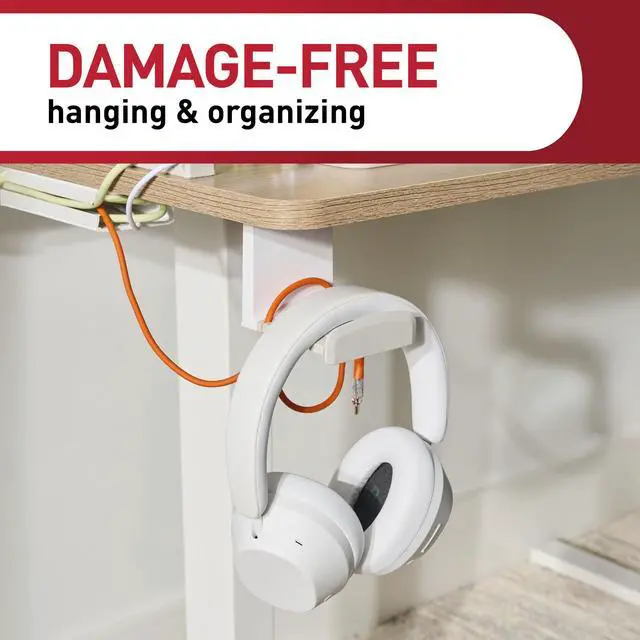 Alt view image 5 of 7 - Headphone Hanger, 1 Holder and 4 Strips, Holds a 2.7" Wide Band, White, Great for Damage-Free Electronics Organization for Wired or Wireless Headphones