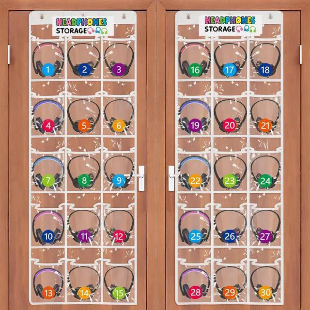 Main image of 2 Pack Classroom Headphone Storage Organizer with 30 Pockets, PVC Clear Classroom Pocket Chart for Headphone Cell Phone Over-the-Door Hanging Headphone Holder Bag with 62 Labels(White)