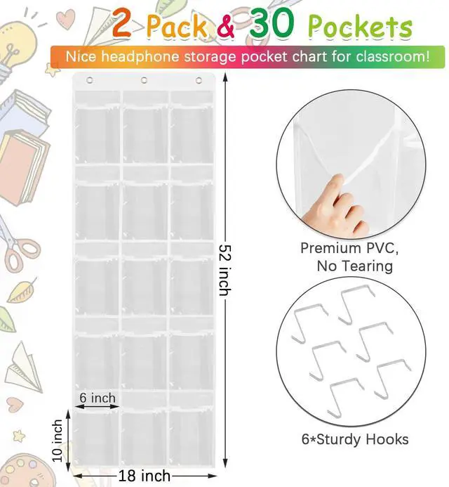 Alt view image 3 of 7 - 2 Pack Classroom Headphone Storage Organizer with 30 Pockets, PVC Clear Classroom Pocket Chart for Headphone Cell Phone Over-the-Door Hanging Headphone Holder Bag with 62 Labels(White)