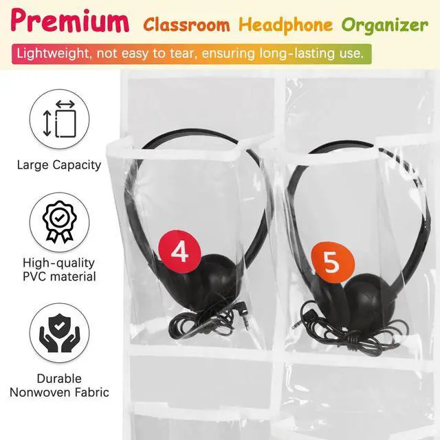 Alt view image 5 of 7 - 2 Pack Classroom Headphone Storage Organizer with 30 Pockets, PVC Clear Classroom Pocket Chart for Headphone Cell Phone Over-the-Door Hanging Headphone Holder Bag with 62 Labels(White)