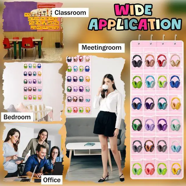 Alt view image 6 of 6 - Classroom Headphone Storage Organizer 24 PVC Clear Over The Door Hanging Classroom Headphone Holder Pocket with 4 Hooks for School Library(Pink)