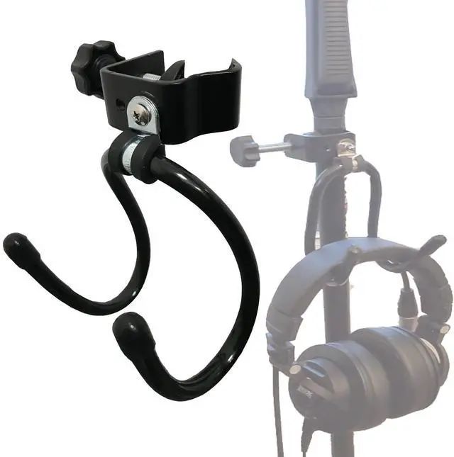 Main image of Universal Hanger Stand, Black Metal with Rubber Pads, Fits 0.4" to 1.5" Tubing, Suitable for Headphones, Tambourines, Cords, etc.