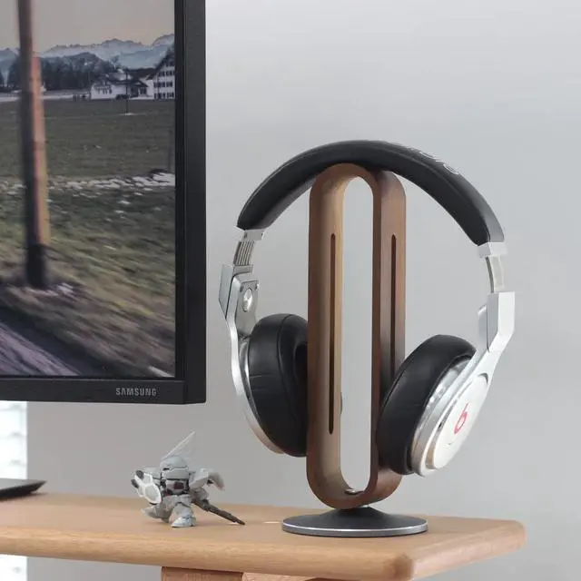 Alt view image 2 of 5 - Headphone Stand for Desk,Bright Stone Wood Headset Holder Bamboo & Aluminum Earphone Stand for All Headphones (Grey)