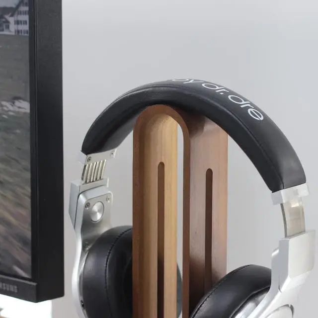 Alt view image 4 of 5 - Headphone Stand for Desk,Bright Stone Wood Headset Holder Bamboo & Aluminum Earphone Stand for All Headphones (Grey)