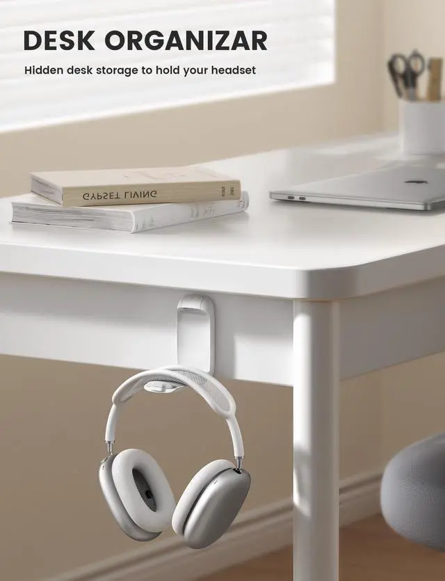 Alt view image 3 of 7 - Headphone Stand, Sticky Headset Holder - Foldable Headphone Holder Hook Mount, Adhesive Headset Hanger Clip Under Desk, Earphone Clamp for Airpods Max, HyperX, Sennheiser, White
