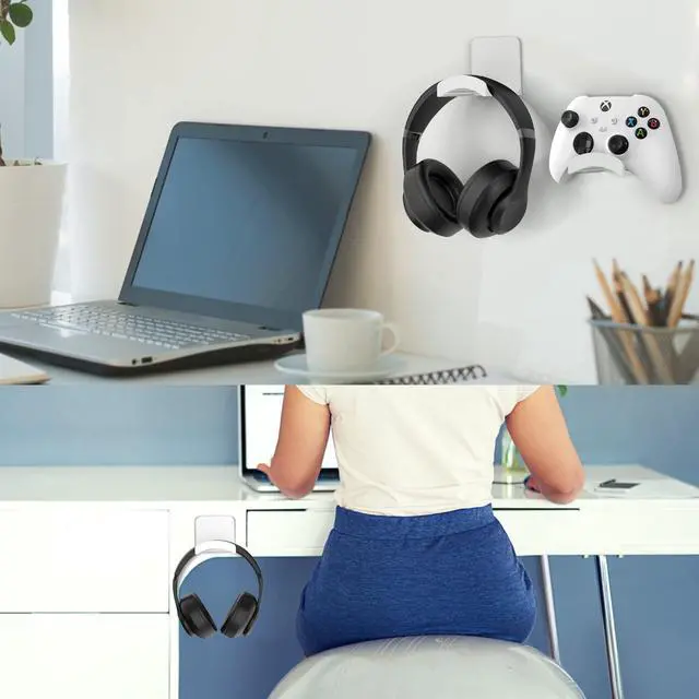 Alt view image 6 of 7 - Headphone Stand Headset Holder - Adhesive Gaming Headphone Hanger Hook Desk Mount for Most Headphone & Controller (White)
