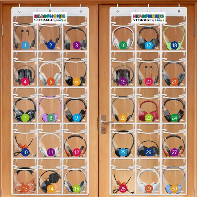 Main image of 2 Pack Classroom Headphone Storage Organizer with 30 Pockets, PVC Clear Classroom Pocket Chart for Headphone Cell Phone Over-the-Door Hanging Headphone Holder Bag with 62 Labels(White)