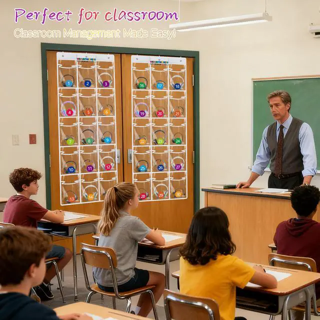 Alt view image 2 of 6 - 2 Pack Classroom Headphone Storage Organizer with 30 Pockets, PVC Clear Classroom Pocket Chart for Headphone Cell Phone Over-the-Door Hanging Headphone Holder Bag with 62 Labels(White)