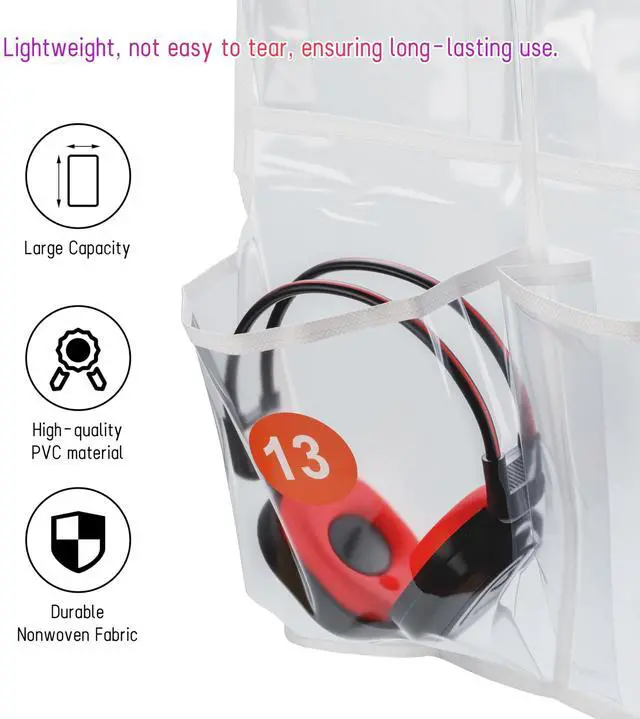 Alt view image 5 of 6 - 2 Pack Classroom Headphone Storage Organizer with 30 Pockets, PVC Clear Classroom Pocket Chart for Headphone Cell Phone Over-the-Door Hanging Headphone Holder Bag with 62 Labels(White)