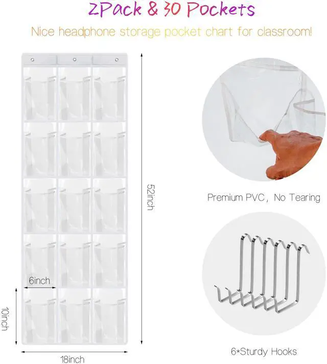 Alt view image 4 of 6 - 2 Pack Classroom Headphone Storage Organizer with 30 Pockets, PVC Clear Classroom Pocket Chart for Headphone Cell Phone Over-the-Door Hanging Headphone Holder Bag with 62 Labels(White)