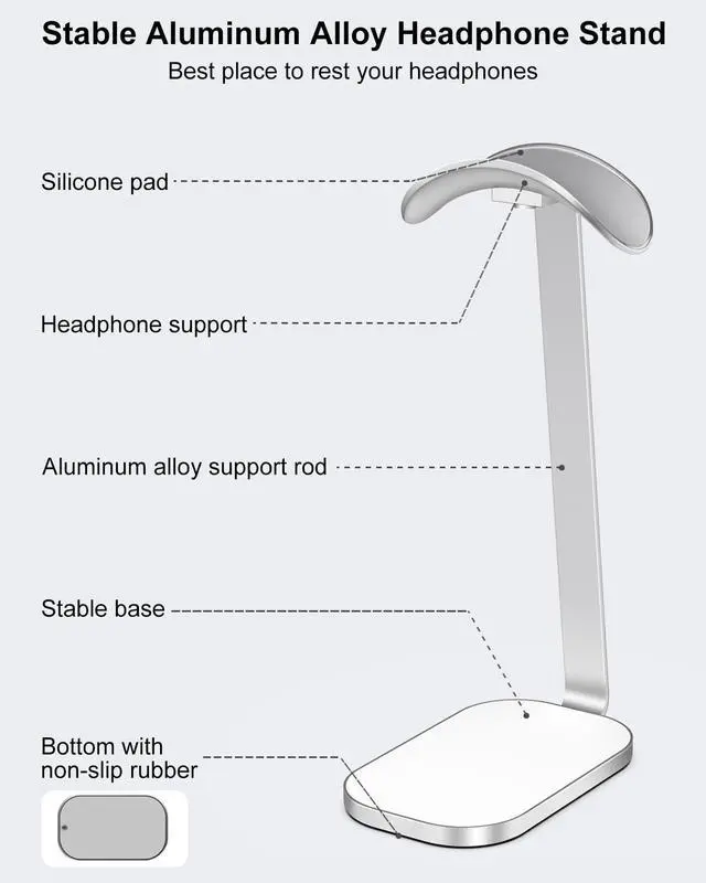 Alt view image 2 of 7 - Headphone Stand for AirPods Max, Headset Holder with Aluminum Supporting Rod, Heavy Base Desk Stand Headphones Support Accessory for All Headphones - Silver White