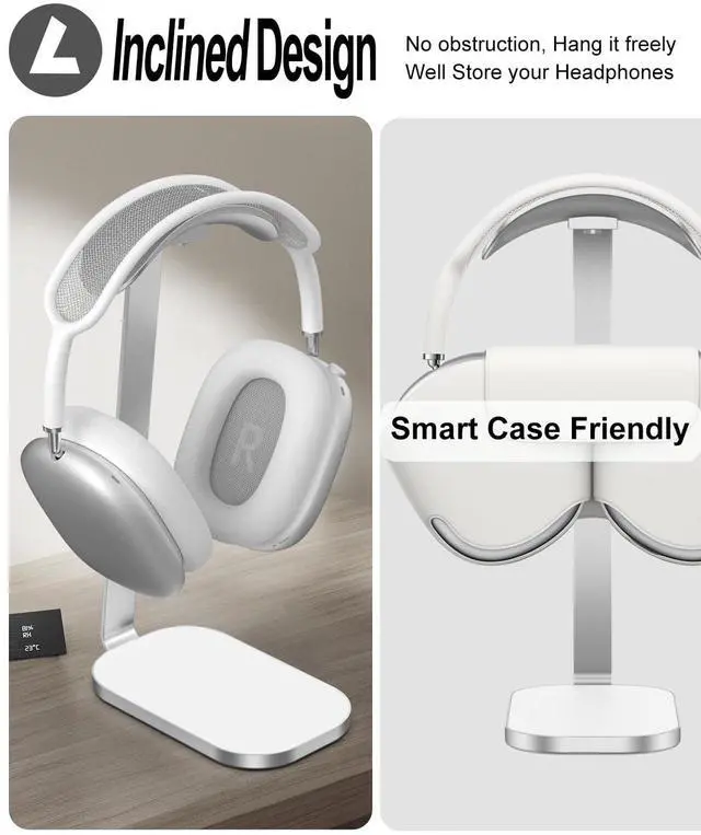 Alt view image 4 of 7 - Headphone Stand for AirPods Max, Headset Holder with Aluminum Supporting Rod, Heavy Base Desk Stand Headphones Support Accessory for All Headphones - Silver White