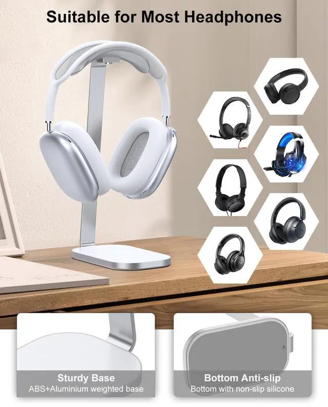 Alt view image 5 of 7 - Headphone Stand for AirPods Max, Headset Holder with Aluminum Supporting Rod, Heavy Base Desk Stand Headphones Support Accessory for All Headphones - Silver White