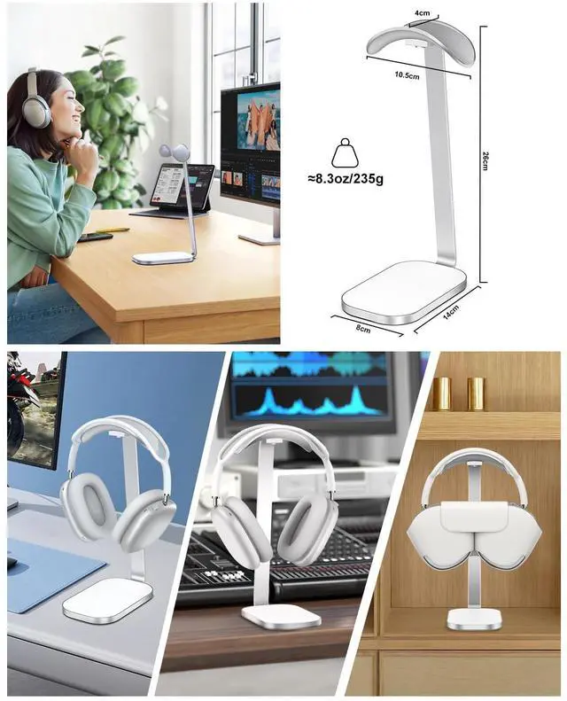 Alt view image 6 of 7 - Headphone Stand for AirPods Max, Headset Holder with Aluminum Supporting Rod, Heavy Base Desk Stand Headphones Support Accessory for All Headphones - Silver White