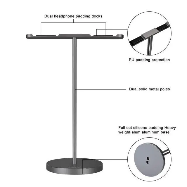 Alt view image 5 of 7 - Double Headphones Stand, Aluminum Alloy Desk 3 Headsets Holder Supporting Desktop Earphone Hanger Mount Storage Rack with Heavy Base for Home and Office Display Spacegrey