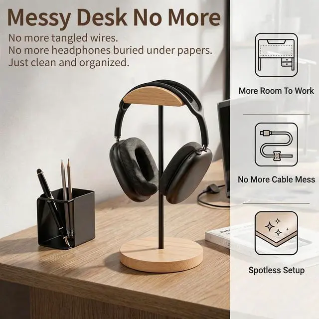 Alt view image 2 of 7 - Headphone Stand Nature Wood & Metal Headset Hanger Mount Hook Gaming Holder Desktop Earphone Artful Functional Craftmanship Stand for All Headsets with Solid Wooden Base