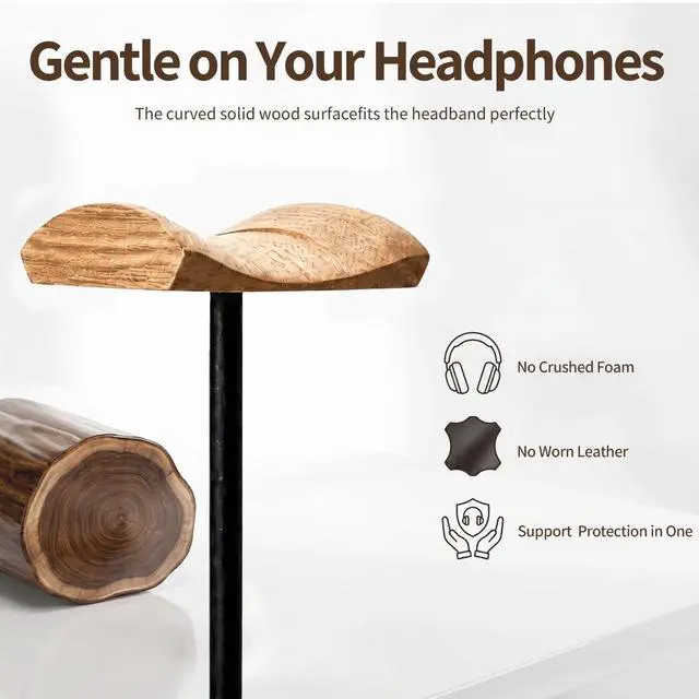 Alt view image 4 of 7 - Headphone Stand Nature Wood & Metal Headset Hanger Mount Hook Gaming Holder Desktop Earphone Artful Functional Craftmanship Stand for All Headsets with Solid Wooden Base