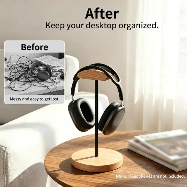 Alt view image 5 of 7 - Headphone Stand Nature Wood & Metal Headset Hanger Mount Hook Gaming Holder Desktop Earphone Artful Functional Craftmanship Stand for All Headsets with Solid Wooden Base