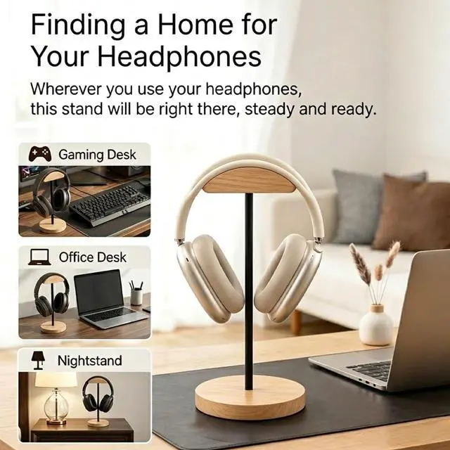 Alt view image 6 of 7 - Headphone Stand Nature Wood & Metal Headset Hanger Mount Hook Gaming Holder Desktop Earphone Artful Functional Craftmanship Stand for All Headsets with Solid Wooden Base