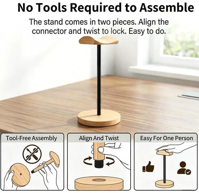 Alt view image 7 of 7 - Headphone Stand Nature Wood & Metal Headset Hanger Mount Hook Gaming Holder Desktop Earphone Artful Functional Craftmanship Stand for All Headsets with Solid Wooden Base