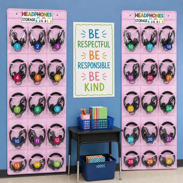 Main image of 2 Pack Classroom Headphone Storage Organizer 60 Pockets PVC Clear Classroom Pocket Chart over The Door Hanging Headphone Holder Storage with Digital Stickers for Library Door Hanger(Pink)