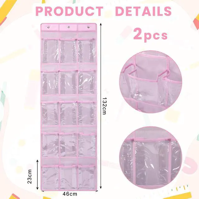Alt view image 2 of 7 - 2 Pack Classroom Headphone Storage Organizer 60 Pockets PVC Clear Classroom Pocket Chart over The Door Hanging Headphone Holder Storage with Digital Stickers for Library Door Hanger(Pink)