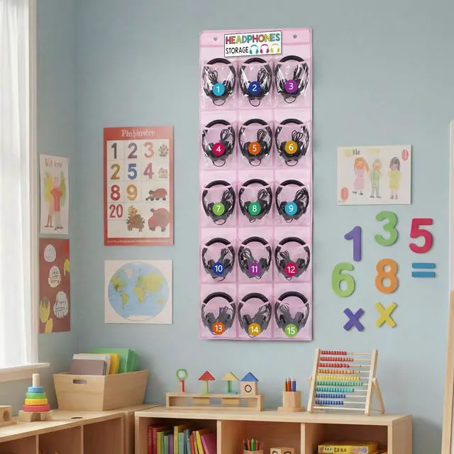 Alt view image 4 of 7 - 2 Pack Classroom Headphone Storage Organizer 60 Pockets PVC Clear Classroom Pocket Chart over The Door Hanging Headphone Holder Storage with Digital Stickers for Library Door Hanger(Pink)
