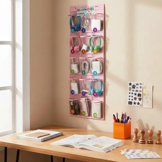 Alt view image 5 of 7 - 2 Pack Classroom Headphone Storage Organizer 60 Pockets PVC Clear Classroom Pocket Chart over The Door Hanging Headphone Holder Storage with Digital Stickers for Library Door Hanger(Pink)
