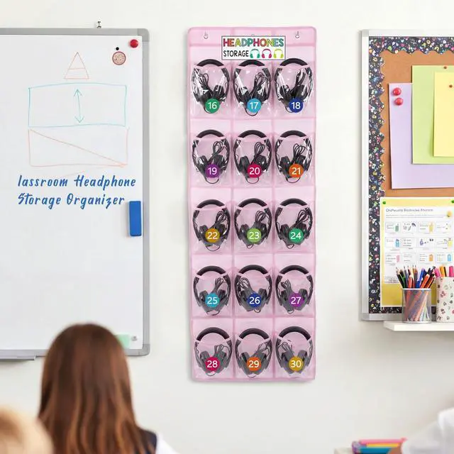 Alt view image 7 of 7 - 2 Pack Classroom Headphone Storage Organizer 60 Pockets PVC Clear Classroom Pocket Chart over The Door Hanging Headphone Holder Storage with Digital Stickers for Library Door Hanger(Pink)