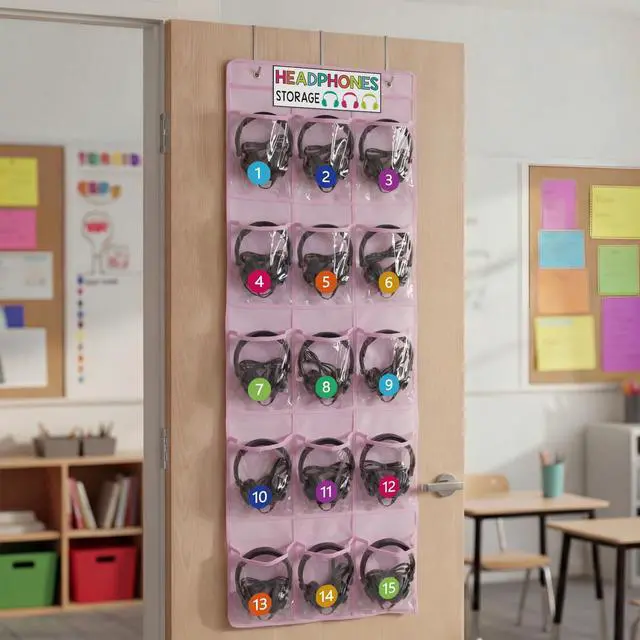 Alt view image 6 of 7 - 2 Pack Classroom Headphone Storage Organizer 60 Pockets PVC Clear Classroom Pocket Chart over The Door Hanging Headphone Holder Storage with Digital Stickers for Library Door Hanger(Pink)