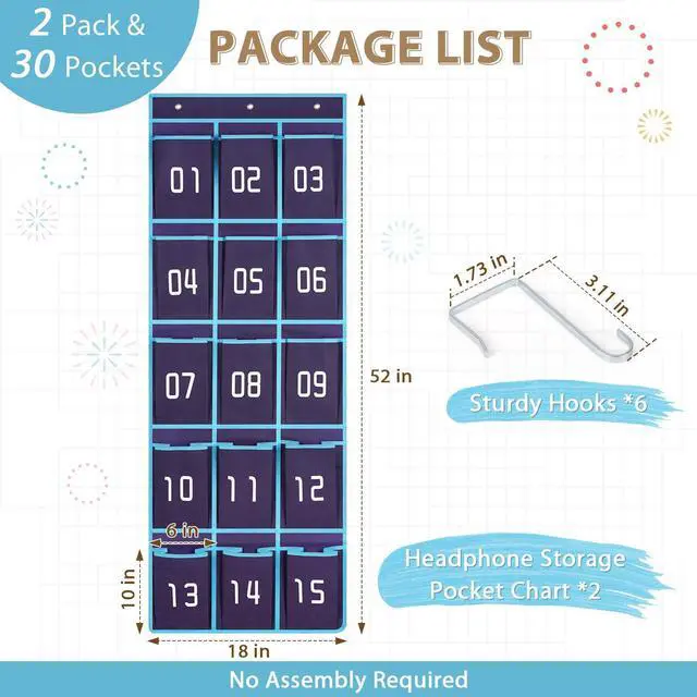 Alt view image 2 of 7 - 2 Pack Classroom Headphone Storage Organizer, 30 Pockets Wall Hanging Numbered Headphone Holder, Over The Door Classroom Pocket Chart for Headphones, Cell Phone, School Supplies (Blue)