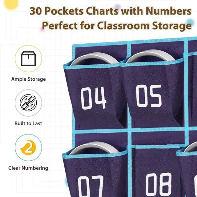 Alt view image 4 of 7 - 2 Pack Classroom Headphone Storage Organizer, 30 Pockets Wall Hanging Numbered Headphone Holder, Over The Door Classroom Pocket Chart for Headphones, Cell Phone, School Supplies (Blue)