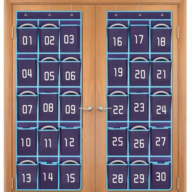 Main image of 2 Pack Classroom Headphone Storage Organizer, 30 Pockets Wall Hanging Numbered Headphone Holder, Over The Door Classroom Pocket Chart for Headphones, Cell Phone, School Supplies (Blue)