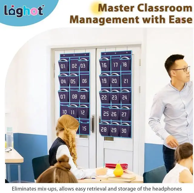 Alt view image 3 of 7 - 2 Pack Classroom Headphone Storage Organizer, 30 Pockets Wall Hanging Numbered Headphone Holder, Over The Door Classroom Pocket Chart for Headphones, Cell Phone, School Supplies (Blue)