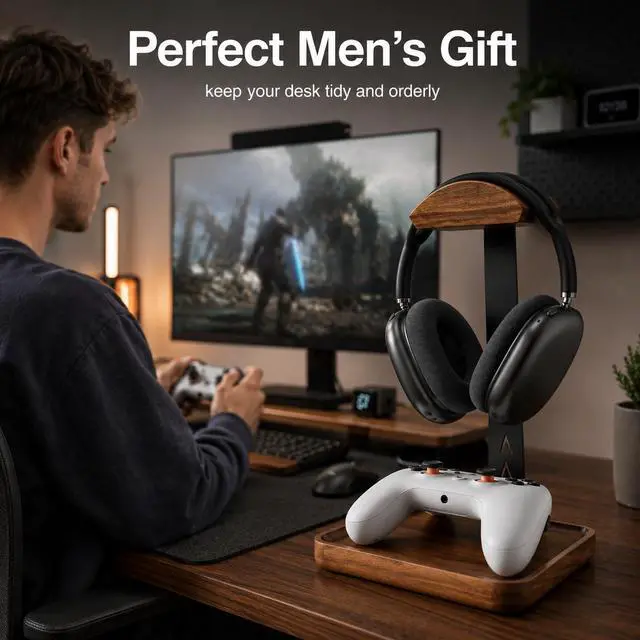 Alt view image 4 of 7 - Headphone Stand, Walnut Wood Headset Stand with Storage Base, Gaming Equipment Accessories for Husband, Teens, Boyfriends, Brothers, and Gamers