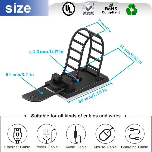 Alt view image 2 of 7 - Adjustable Adhesive Cable Management Clips 50Pcs, Large self Adhesive Cable Ties Clips Suitable for Cable Management Under desks and on Walls(Black)