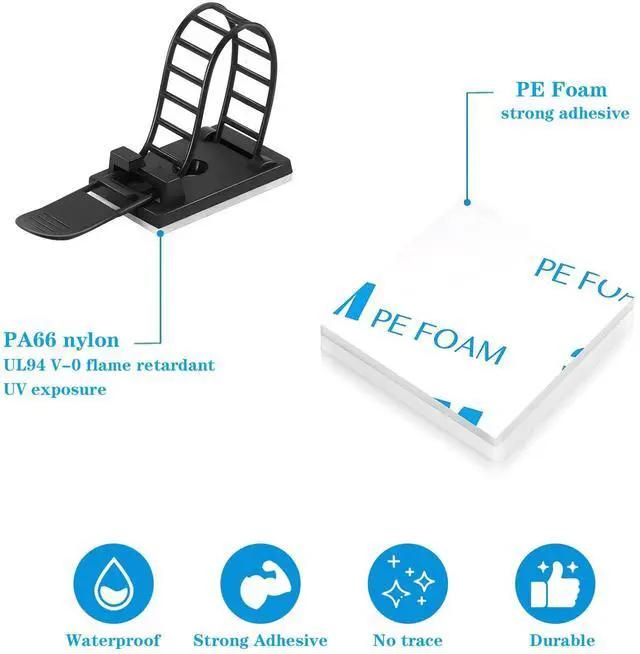 Alt view image 4 of 7 - Adjustable Adhesive Cable Management Clips 50Pcs, Large self Adhesive Cable Ties Clips Suitable for Cable Management Under desks and on Walls(Black)