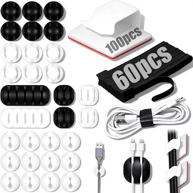 Main image of 190-Piece Cable Management Kit, 100 R-Type Clips 60 Reusable Cable Ties 30 Multi-Slot Wire Holders, Self-Adhesive Cord Organizer for Desk, Under Desk, Nightstand, Gaming Setup, Office & Home
