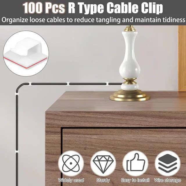 Alt view image 4 of 7 - 190-Piece Cable Management Kit, 100 R-Type Clips 60 Reusable Cable Ties 30 Multi-Slot Wire Holders, Self-Adhesive Cord Organizer for Desk, Under Desk, Nightstand, Gaming Setup, Office & Home