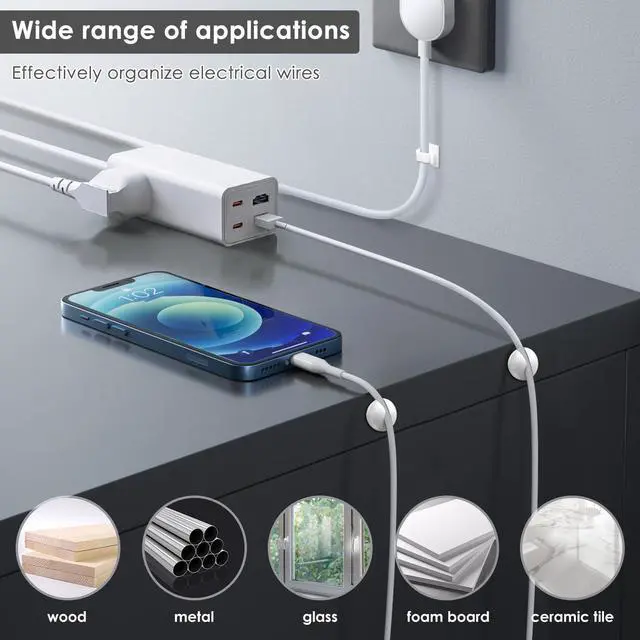 Alt view image 7 of 7 - 190-Piece Cable Management Kit, 100 R-Type Clips 60 Reusable Cable Ties 30 Multi-Slot Wire Holders, Self-Adhesive Cord Organizer for Desk, Under Desk, Nightstand, Gaming Setup, Office & Home