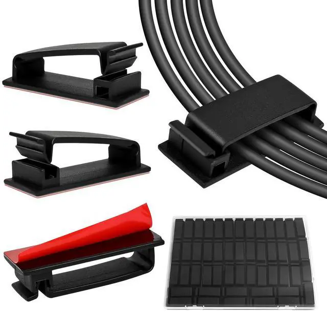 Main image of Self Adhesive Cable Management Clips, Line Clips, Cable Organizers, TV PC Line Clips, Ethernet Cable Clips Under Desks - Durable PA66 Material, Easy to Install (Black 50Pcs)