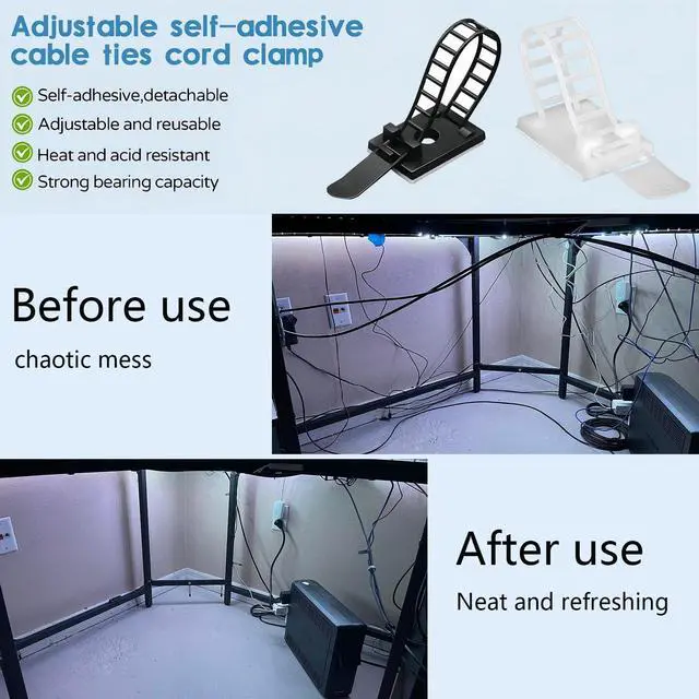 Alt view image 6 of 7 - Adjustable Adhesive Cable Management Clips 50Pcs, Large self Adhesive Cable Ties Clips Suitable for Cable Management Under desks and on Walls(Black)
