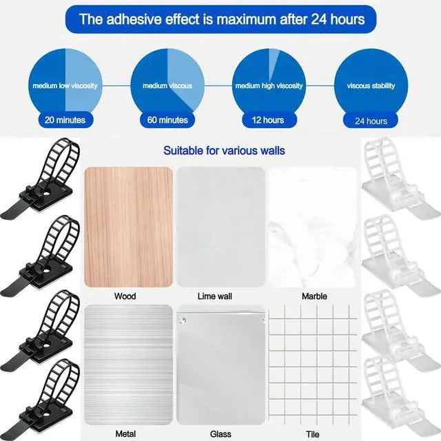 Alt view image 7 of 7 - Adjustable Adhesive Cable Management Clips 50Pcs, Large self Adhesive Cable Ties Clips Suitable for Cable Management Under desks and on Walls(Black)
