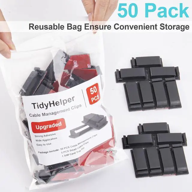 Alt view image 6 of 6 - 50 PCS Black Cable Clips - Large Cord Organizers for Under Desk Cable Wire Management, Adhesive Holder Clips for Multiple Cord Management