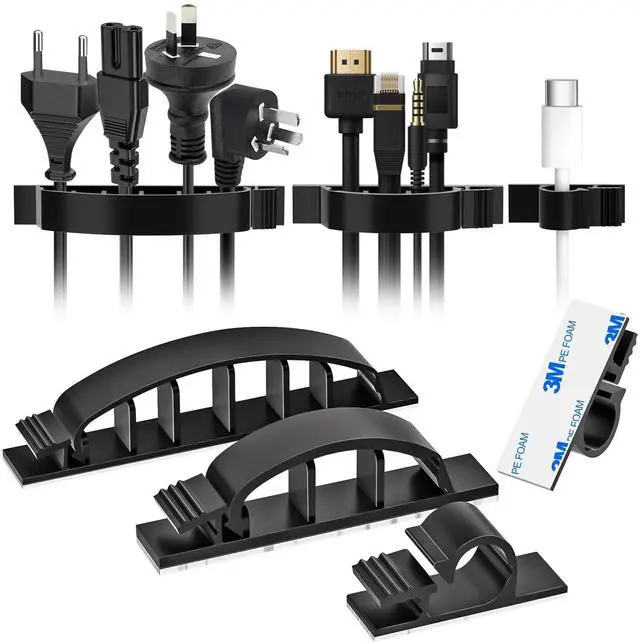 Main image of 30pcs Adhesive Cable Wire Clips Kit Black, Outdoor Cable Management Wire Organizer Cord Holder for Under Desk, Car, Wall, TV PC Ethernet Cable