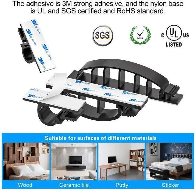Alt view image 3 of 7 - 30pcs Adhesive Cable Wire Clips Kit Black, Outdoor Cable Management Wire Organizer Cord Holder for Under Desk, Car, Wall, TV PC Ethernet Cable