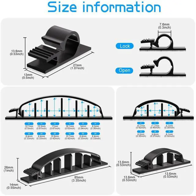 Alt view image 2 of 7 - 30pcs Adhesive Cable Wire Clips Kit Black, Outdoor Cable Management Wire Organizer Cord Holder for Under Desk, Car, Wall, TV PC Ethernet Cable