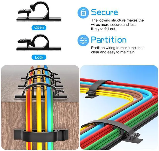 Alt view image 4 of 7 - 30pcs Adhesive Cable Wire Clips Kit Black, Outdoor Cable Management Wire Organizer Cord Holder for Under Desk, Car, Wall, TV PC Ethernet Cable