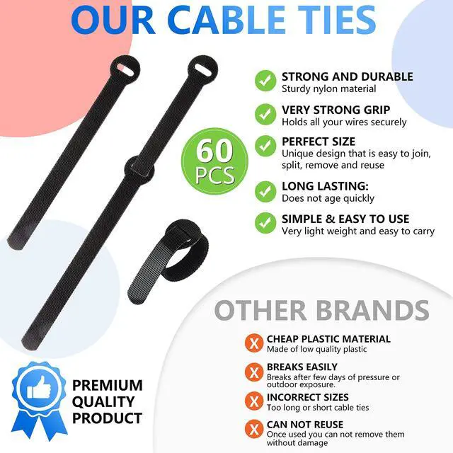 Alt view image 3 of 6 - 60x Cable Management Ties, Cord Wraps Black 6 Inches, Reusable Tidy Wire Ties for Cords, PC, TV, Computer & Desk